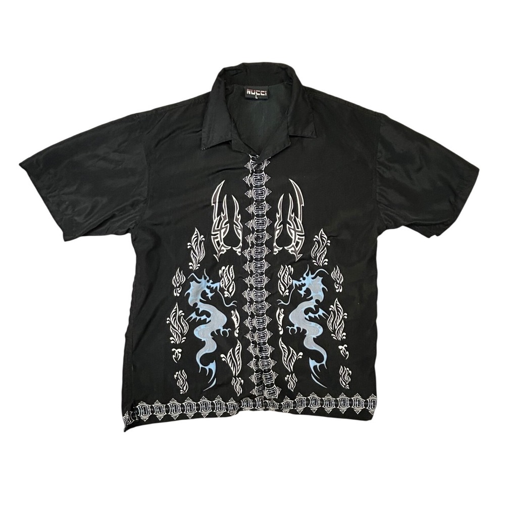 Nucci Mens Black Tribal Dragon Graphic Button‎ Up Shirt Short Sleeve Large Y2K